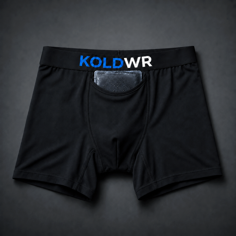 KOLDWR Pro cooling boxer brief with frozen gel pack in the front pouch